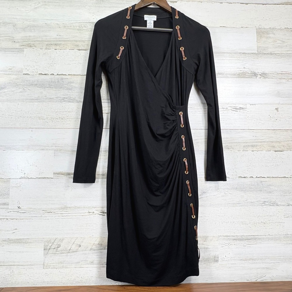 Carmen Marc Valvo Wrap Dress Women Medium Black Faux Leather Trim Chic Glam